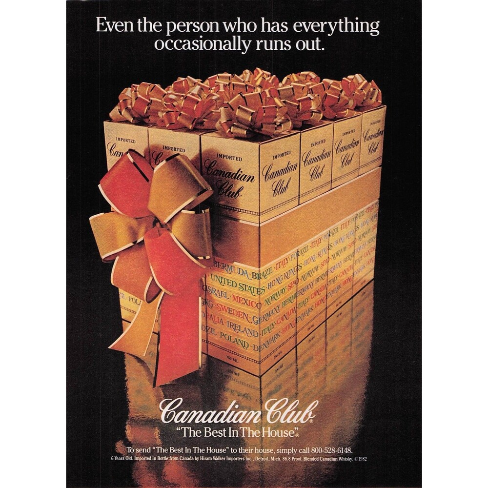 1982 Canadian Club Whisky Gift Box Vintage Liquor Print Ad wall decor art gold